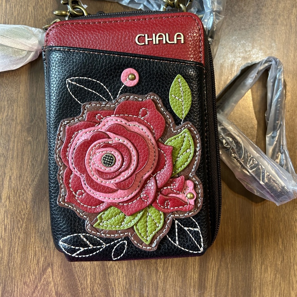 Chala wallet purse, crossbody faux leather brown with rose detail